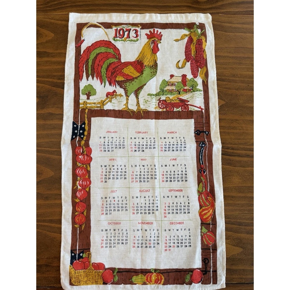 Vintage 1973 Linen Wall Calendar Tea Towel Rooster Farm Orange Green Fruit